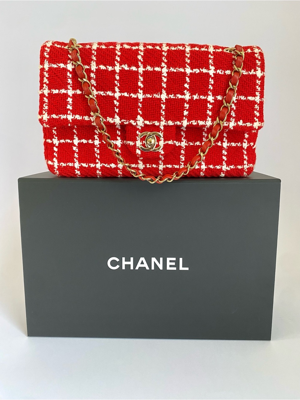 Chanel Medium Classic Double Flap Red Tweed Plaid Bag Gold HW + Receipt